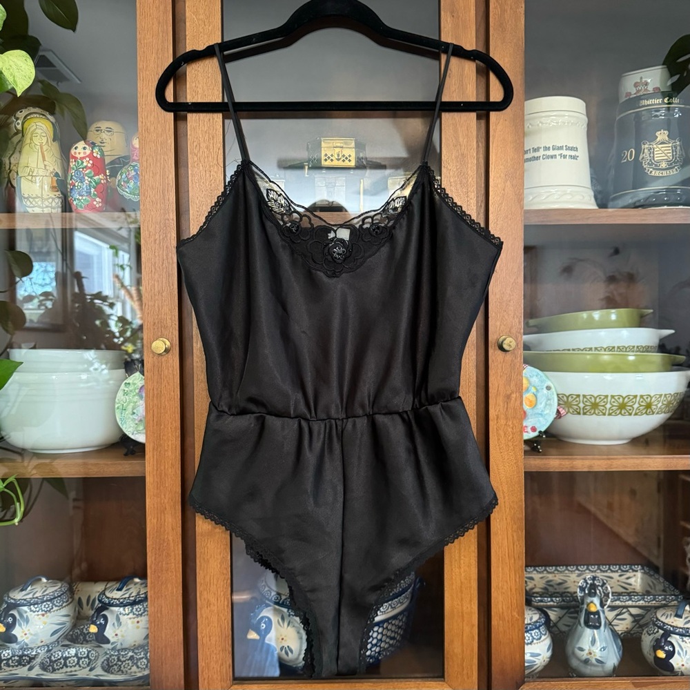 Vintage 80’s Union Made Black Satin & Lace Teddy Negligee Night Bodysuit